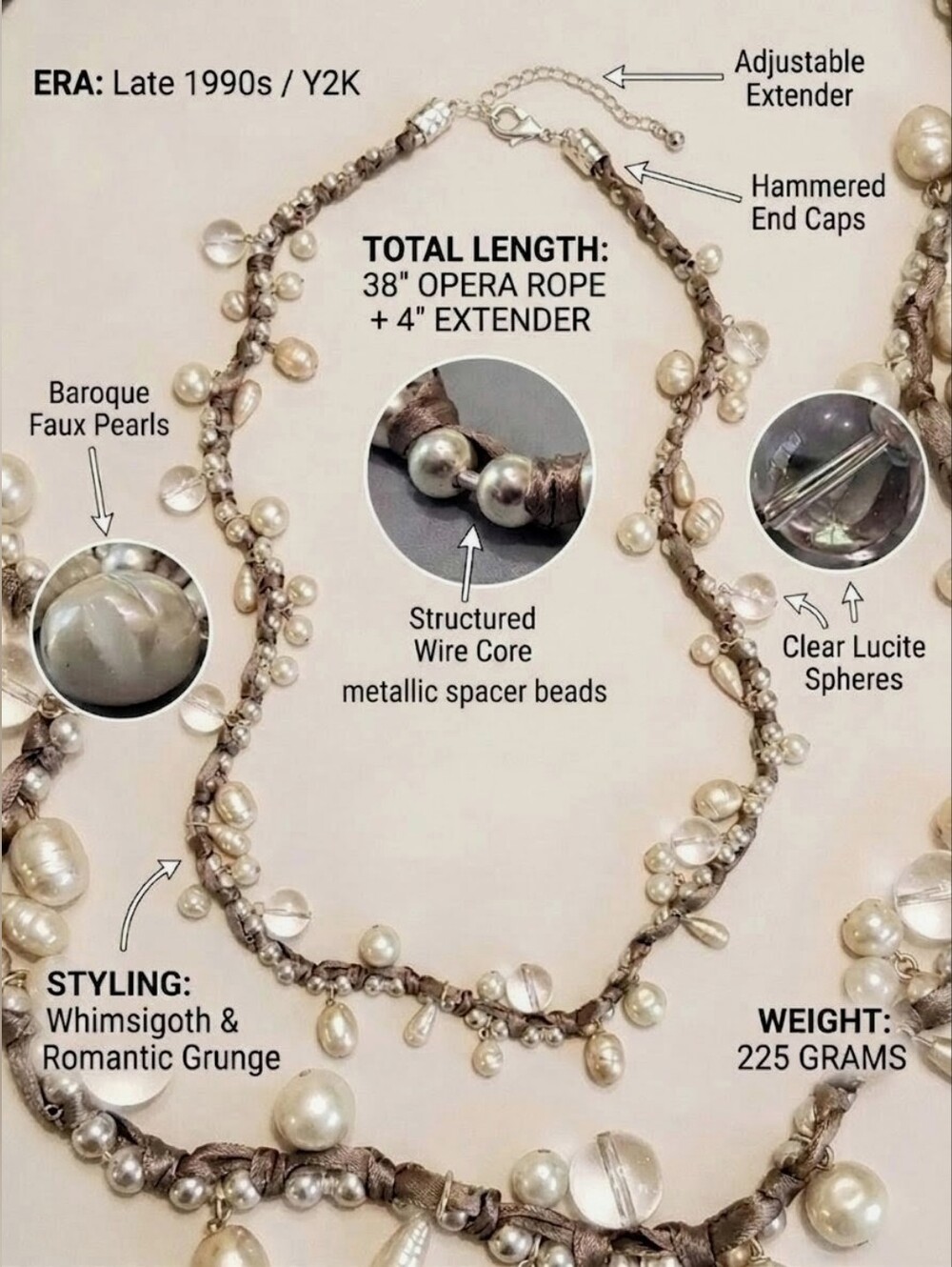 Y2K Whimsigoth Pearl Lucite Ribbon Statement Rope Necklace 38” NOS - Picture 3 of 11